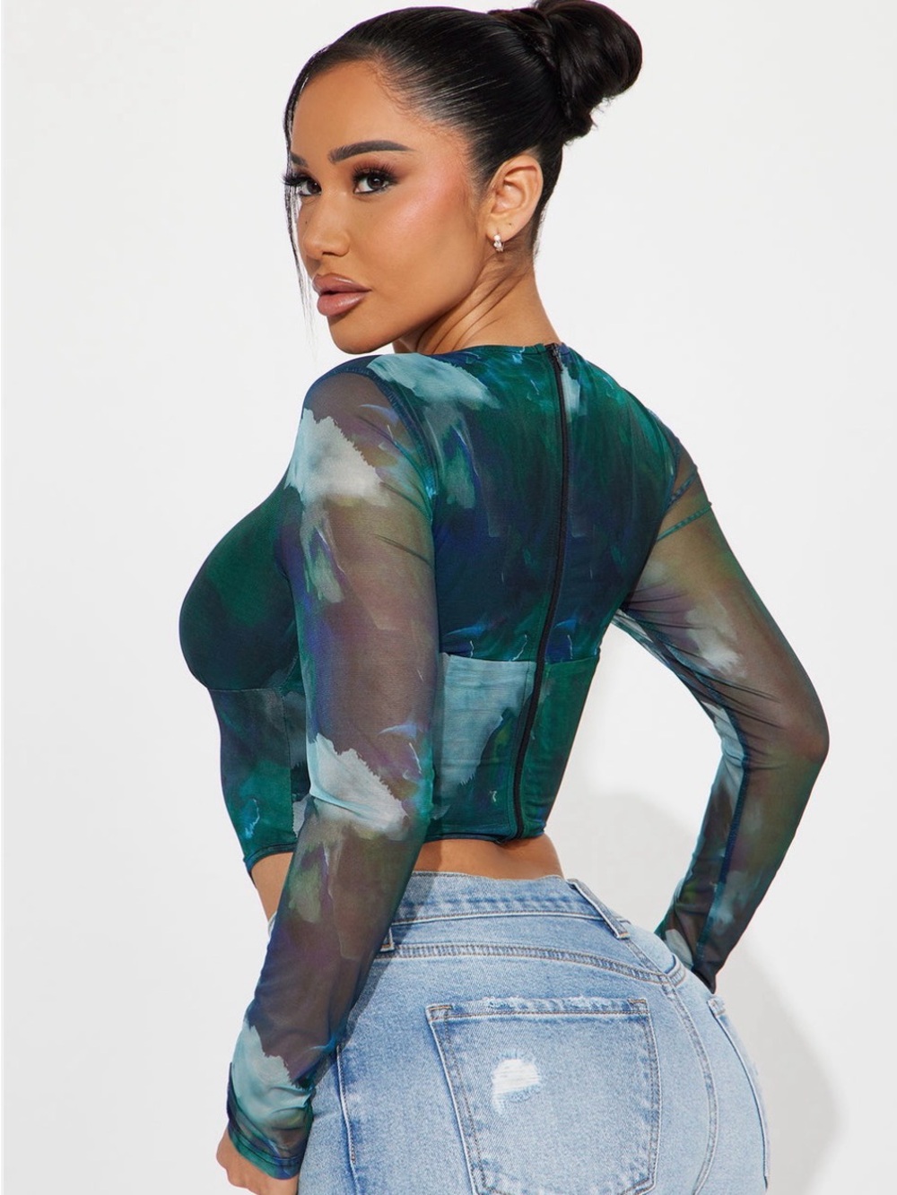 Fashion Nova Green Multi Watercolor Mesh Long Sleeve Top - Picture 3 of 5